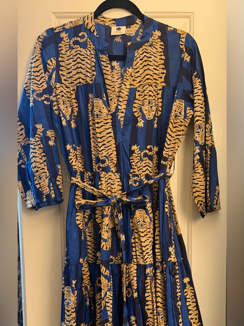Women’s Size Small Blue Tiger-Print Tiered Maxi Dress with Self-Tie Waist. NEW
